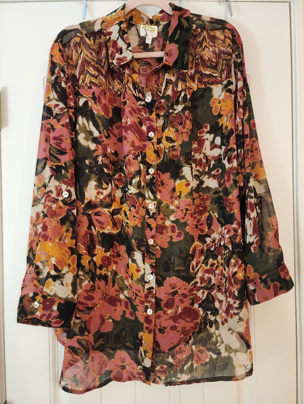 Fig & Flowers Floral Button-Front Sheer Blouse Olive Rust Pinks 3X Swim Coverup